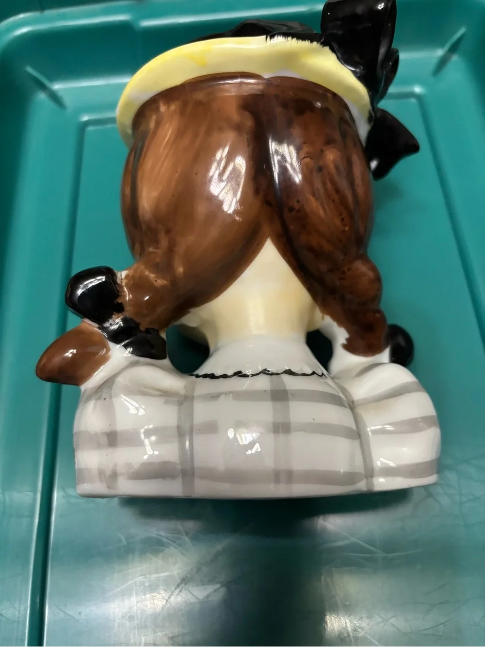 Napco Ceramic Girl vase in Gray/Cream check, Brown hair.